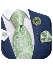 Silk Ties for Men Necktie and Lapel Pin Brooch Set Formal Woven Sage Green