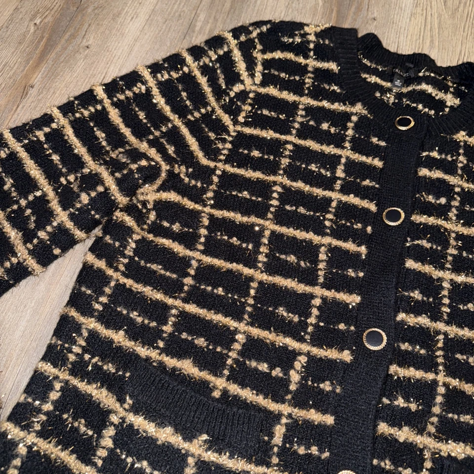 Cárdigan Suéter Talbots Negro Metálico Dorado Botón Lana Algodón Talla Mediana Nuevo Foto 4 de 4
