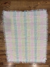 Vintage pastel plaid light weight baby blanket with fringe borders 34x41