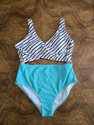 PatPat Black/White Striped and Mint Monokini Womens size Large