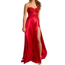 NWT Blondie Nites Womens Red Satin Illusion Lace Applique Strapless Gown Size 0