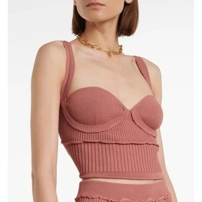 ALTUZZARA Piper Ribbed-Knit Bustier Crop Top Mauve Pink | Large
