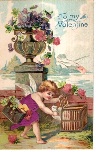 ANTIQUE EMBOSSED VALENTINE Postcard      SILK -  CUPID TAKING DOVE OUT OF CAGE