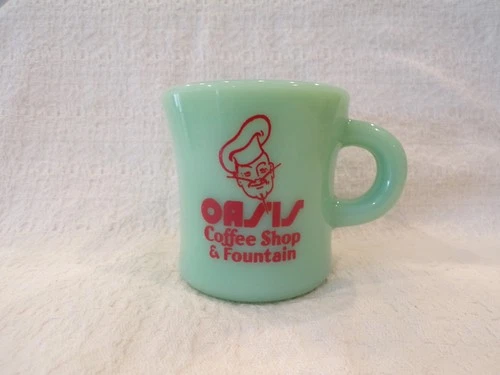 Vintage Jadite Fire-King Oasis Coffee Shop & Fountain Advertising  Coffee Mug