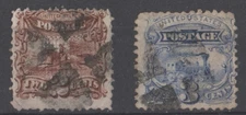 United States Stamp  used  #113-114  Pony Express  & Locomotive  GRILLED 1869