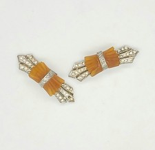 Antique Deco Butterscotch Bakelite  Rhinestone Shoe / Fur / Dress Clips   1930s