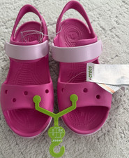 Crocs Girls' Pink Lightweight Logo Sandals Hook Loop Flat Rubber Summer Casual
