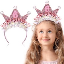 6th Birthday Crown Headband for Girls, Princess Tiara Glitter Pearl Hair Band...