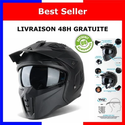 Casque jet Vinz Kioto Noir Mat ECE 22.06 Visière Solaire - Photo 1/4