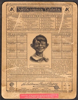 ALFRED E. NEUMAN in HUGE 1907 CALENDAR & VICTORIAN QUAKE MEDICAL ADVERTISEMENT