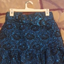 Blue Floral Jacquard Belted Midi Skirt Lined High Rise A-Line Party/Cocktail