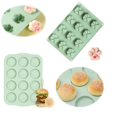 12Holes Hamburger,Cookie SiliconeMold Pudding Baking Pan Tray NonStick Round,Paw