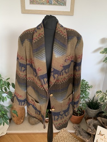 Vintage Express Brown Wool Blend Aztec Jacket Coat Boho Western Reindeer’s - Picture 12 of 17