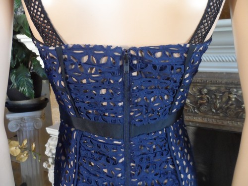 Self-Portrait Navy Blue Ruffle Detailed Guipure Lace Sheath Dress Size US 8 - Picture 18 of 24