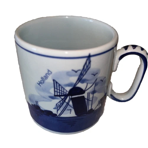 Vintage Small Delft Blue Coffee Mug  -  Windmill Hand Painted Cup - 3" Tall