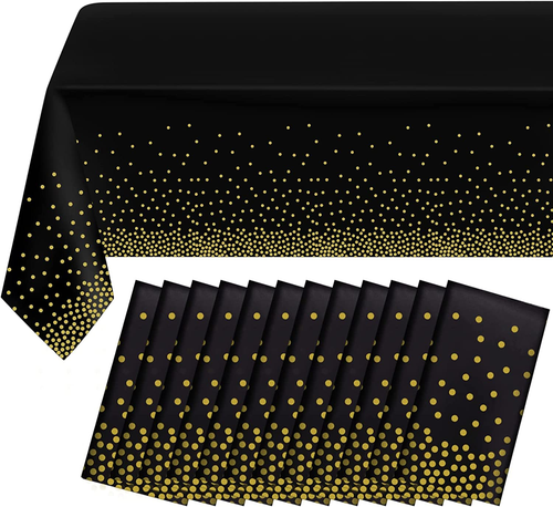 12 Pack Black and Gold Dot Plastic Tablecloth, Gold Stamping Dot Confetti Rectan - Picture 10 of 12