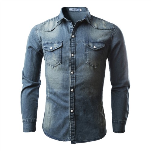 Mens Denim Shirts Long Sleeve Jeans Cotton Washed Slim Fit Multicolor Shirts Top - Picture 6 of 17
