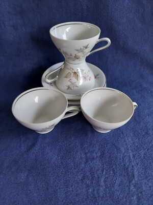  BAVARIA 51 WINTERLING 4 TEA CUPS & SAUCERS PINK FLOWERS GRAY LEAVES GERMANY.