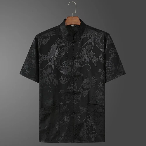 Men's Silk Satin Tang Shirt Tops Dragon Print Short Sleeve Chinese T-shirt Pants - Picture 12 of 16