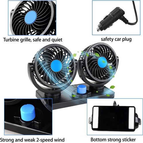 Dual Head Electric Car Cooling Air Fan 360° Rotatable 12V SUV RV Truck - Picture 6 of 8