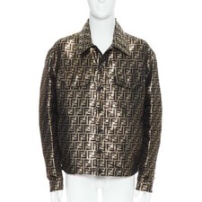 Fendi Rare Metallic Gold Ff Zucca Monogram Logo Woven Trucker Jacket Size 38