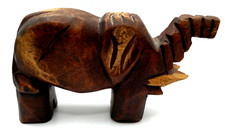 Primitive Hand Carved Wooden Elephant Collectible Trunk Up  Eclectic Signed
