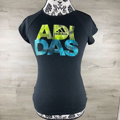 ADIDAS Graphic Print Short Sleeve Black Pullover T-Shirt Girl's Size Large 12-14