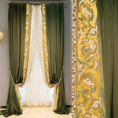 upscale olive-green flannelette embroidery velvet cloth curtain drape C1771
