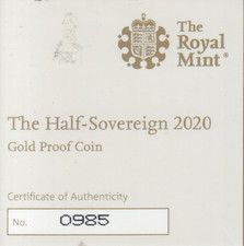 The Half Sovereign 2020 Gold Proof Coin Royal Mint COA ONLY NO. 0985