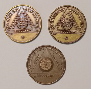 Three Alcoholics Anonymous Coins-Ten, Twenty and 25 Year Sobriety AA Chips