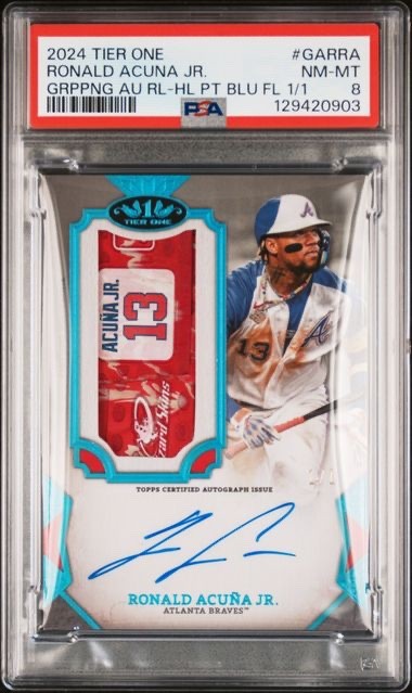 Ronald Acuna Jr 2024 Topps Tier One Gripping Relic Patch Auto 1/1 PSA 8 #GAR-RA
