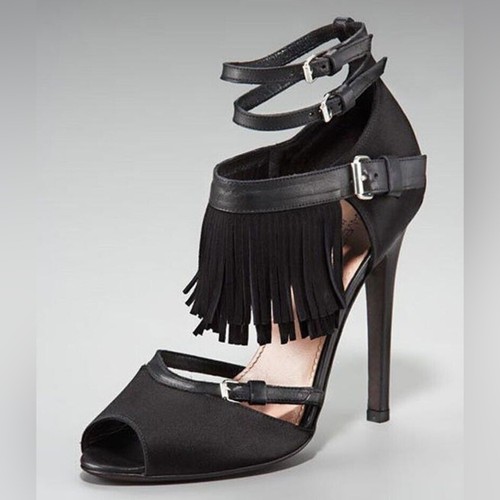 GIAMBATTISTA VALLI Leather Suede Fringe Ankle Strap Heels Sandals 6.5 Mobwife - Picture 1 of 15
