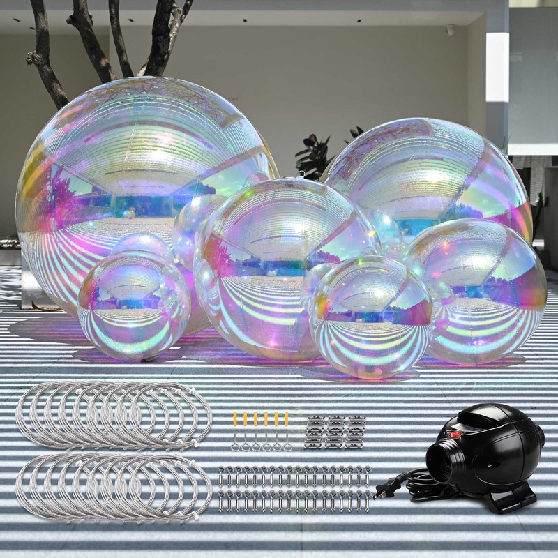 Yescom 6PCS Shiny Inflatable Mirror Ball Set Iridescent w/ Pump & Hanging Kit