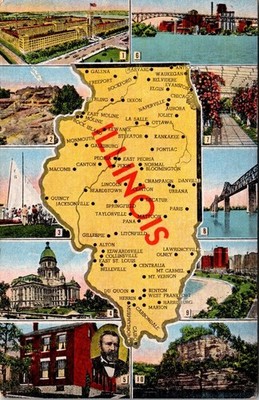 Vintage Linen Postcard: Illinois State Map & Key Views - E. C. Kropp Co.