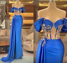 Shoulderless Blue Mermaid Evening Dress Transparent Pearl Crystal Ball Gowns