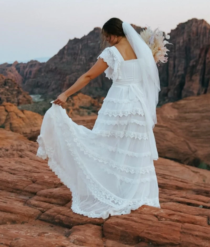 Boho Empire Square Neck Ruffles Beach Wedding Dresses Tiered Lace Bridal Gowns - Image 3 of 4