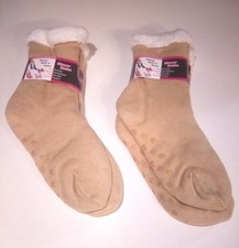 Fuzzy Fleece Mid Crew Lounge Socks, One Size Fits Most, Set Of 2 Pairs Beige/Tan