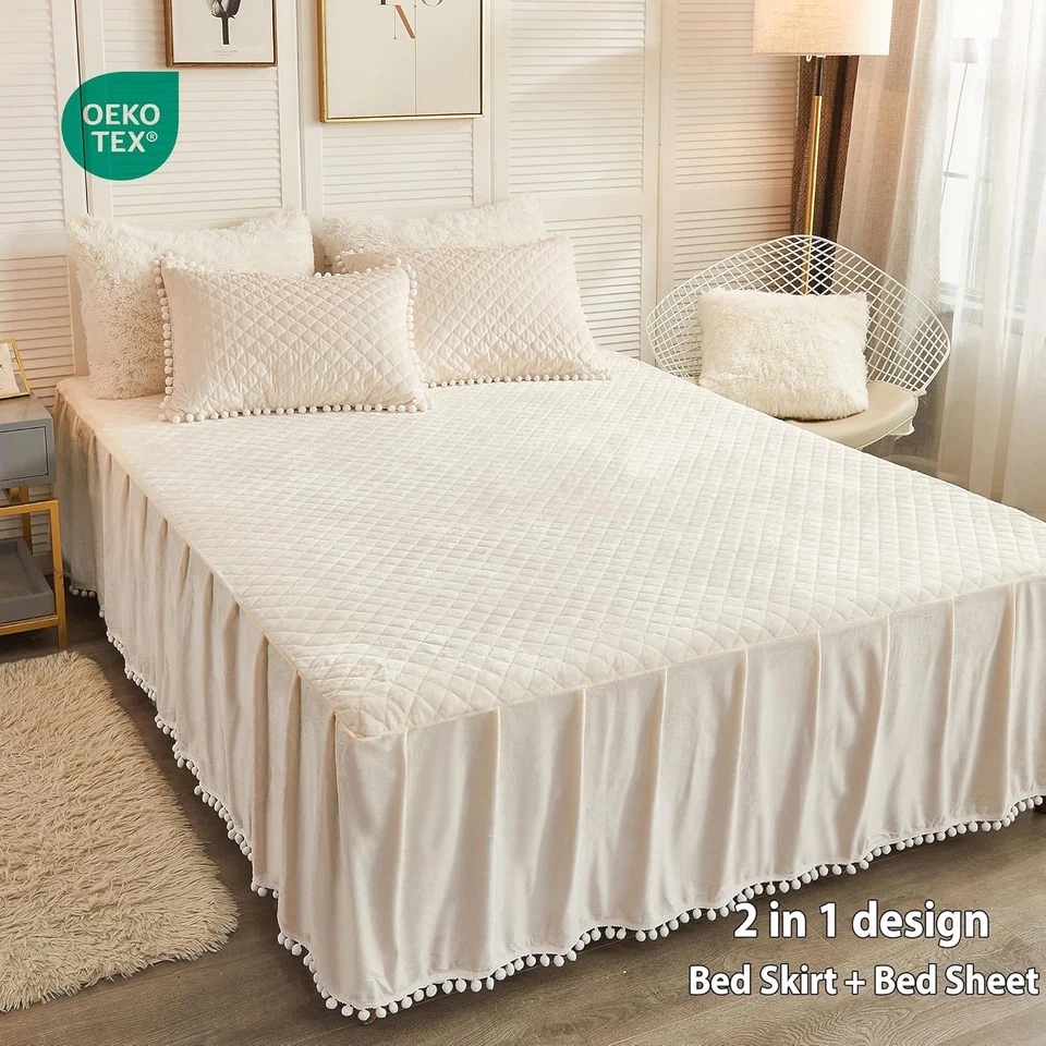 Бархатная юбка для кровати с помпонами, 18» падение, полный/королева, бежевый - Изображение 2 из 4