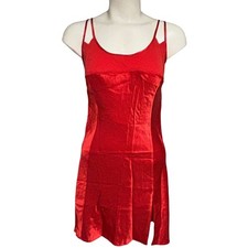 Vintage Victoria's Secret Red 100 Silk Chemise Nightgown Front Side Slit L