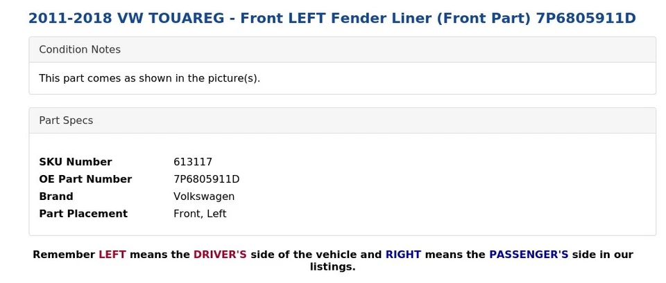 VW TOUAREG 2011-2018 - Forro guardabarros delantero izquierdo (parte delantera) 7P6805911D Foto 4 de 4