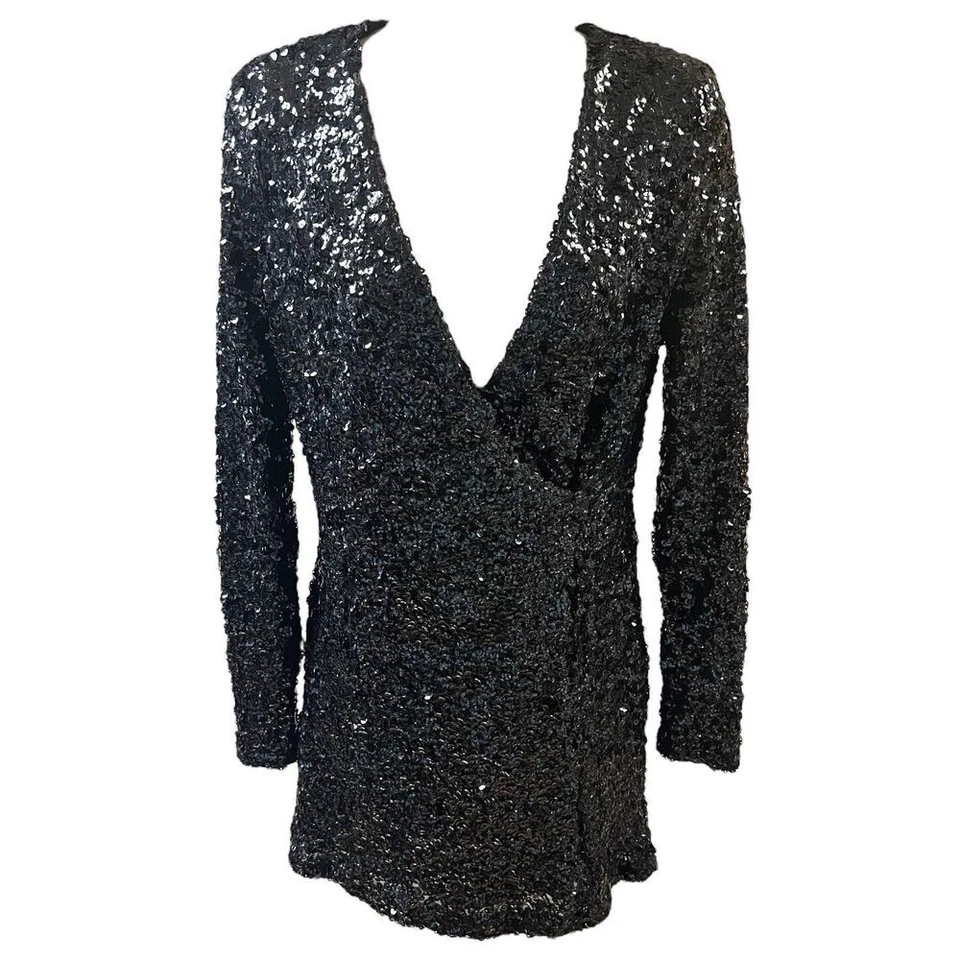 Mini Vestido Venus Lentejuelas Negro Manga Larga Cuello en V Fiesta Cóctel Mujeres Talla Pequeña Foto 2 de 4