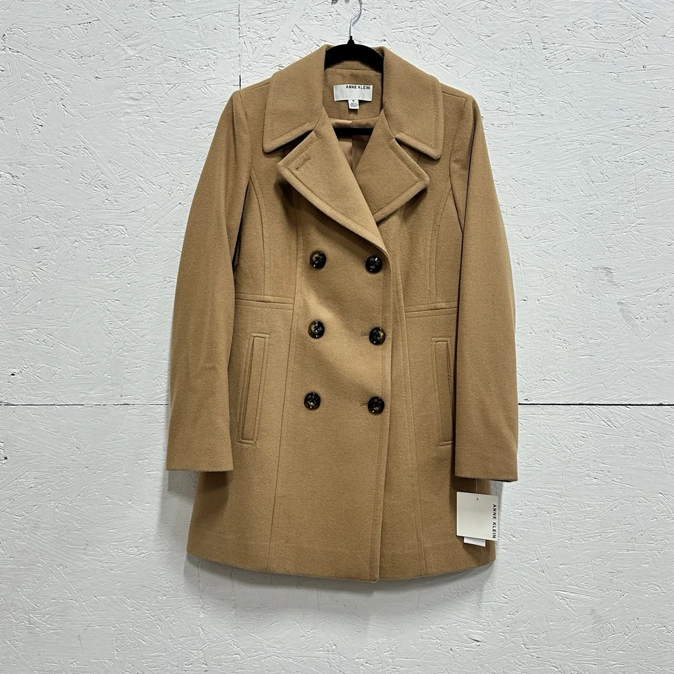 Anne Klein Size S Double Breasted Wool Pea Coat Camel Winter Warmth Classic - Image 2 of 4