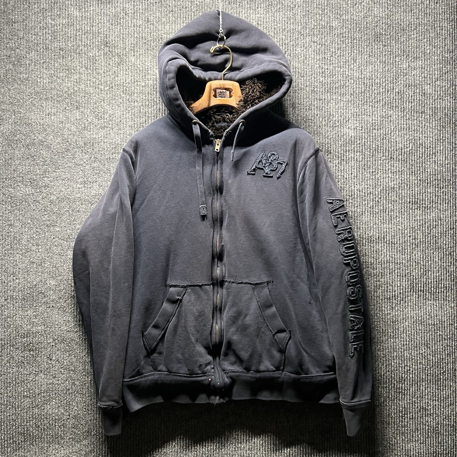 Y2K Aeropostale Fur Lined Hoodie Mens 2XL Navy Blue Full Zip Sleeve Hit Warm