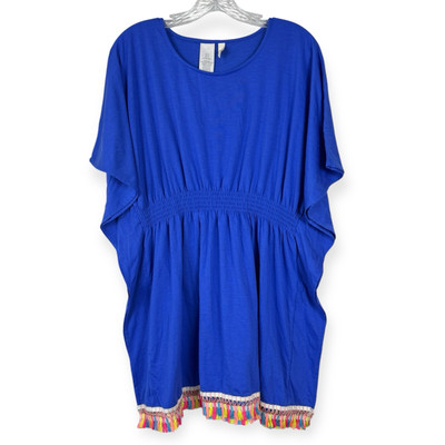 Hobie Girls Size 16 Blue Kaftan Dress Multicolored Tassels Short Sleeves