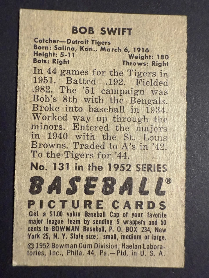 1952 Bowman #131 Bob Swift  Detroit Tigers  Good - Image 2 of 2