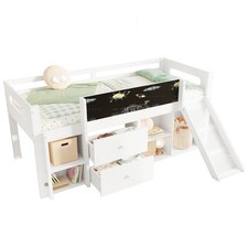 Children's Mid Sleeper Loft Bed with Slide, Blackboard Storage Drawers & Shelves