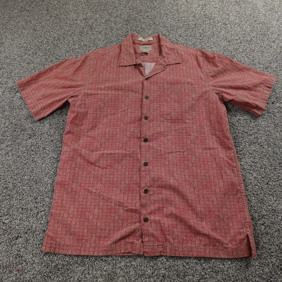 LL Bean Shirt Mens M Tall Red Chambray Tiki Hawaiian Loop Collar Button Up Camp - Image 2 of 4