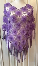 Vtg Grandmacore Crochet Shawl Purple Floral Beaded Lace Tassels S