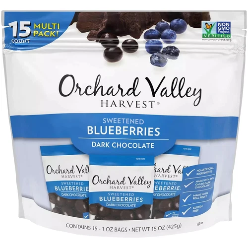 Orchard Valley Harvest Dark Chocolate Covered Blueberries, 1 OuncePack of 15, No