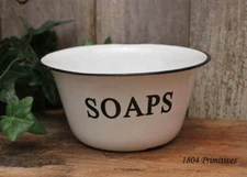 6" Reproduction Enamelware SOAPS Bowl ~ White with Black Trim